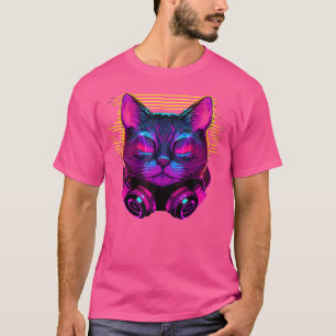 Camiseta Synthwave Cyberdelic Fones de Ouvido de DJ de Gato