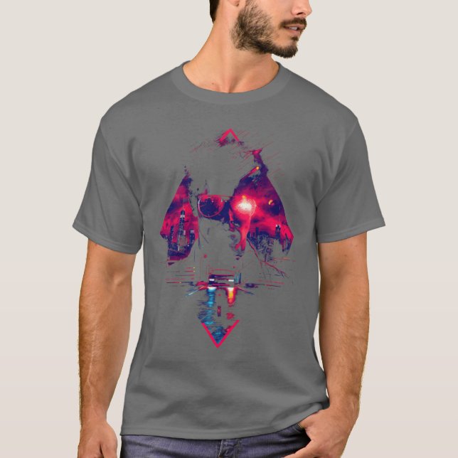 Camiseta Synthwave Man Retro Car City Vaporwave 90s family  (Frente)