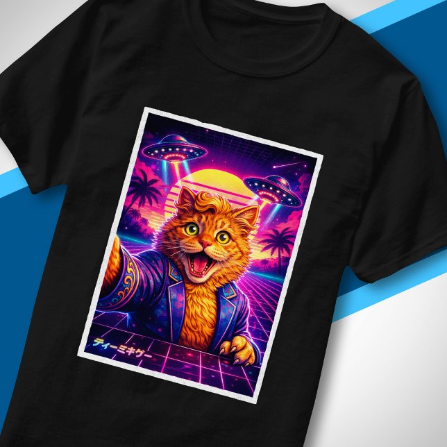 Camiseta Synthwave UFO Cat Portrait 80s Retro Futuristic (Criador carregado)