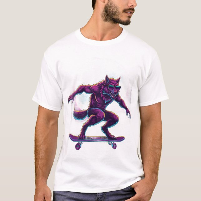 Camiseta Synthwave Werewolf Skateboarder (Frente)