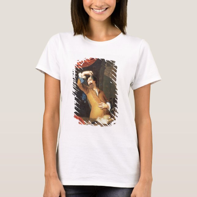 Camiseta T31553 Um avaliador em pé em uma janela examinando (Frente)
