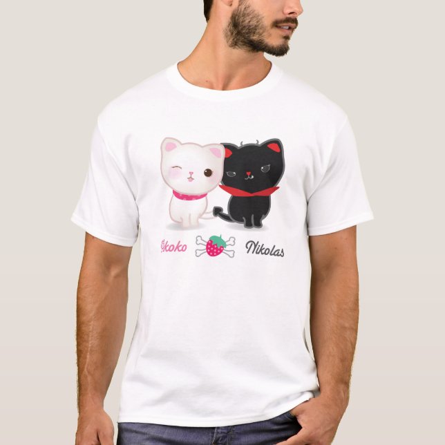 Camiseta T básico dos gatos do anjo e do diabo (Frente)