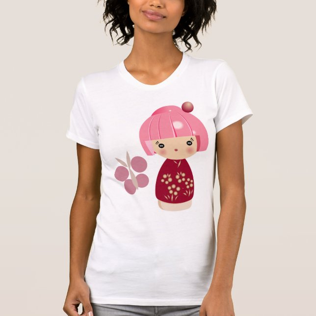 Camiseta T cor-de-rosa da objectiva tripla de Kokeshi (Frente)