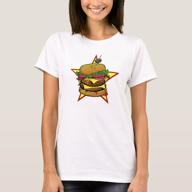 Camiseta T do cheeseburger das senhoras (Frente)