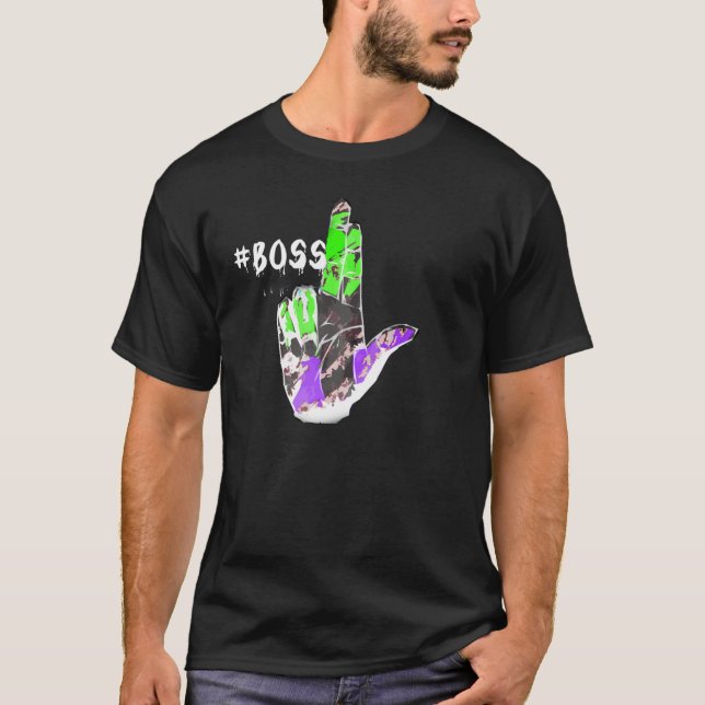 Camiseta T do chefe dos homens verde de néon e roxo (Frente)