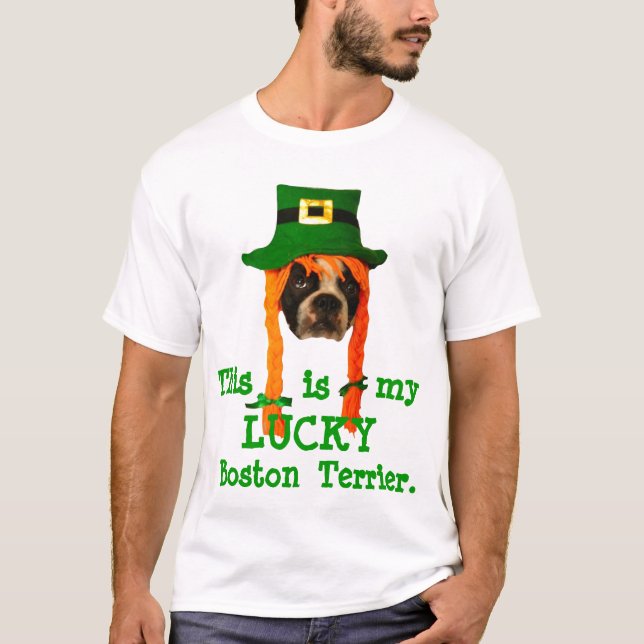 Camiseta T do dia de Boston Terrier St Patrick AFORTUNADO (Frente)