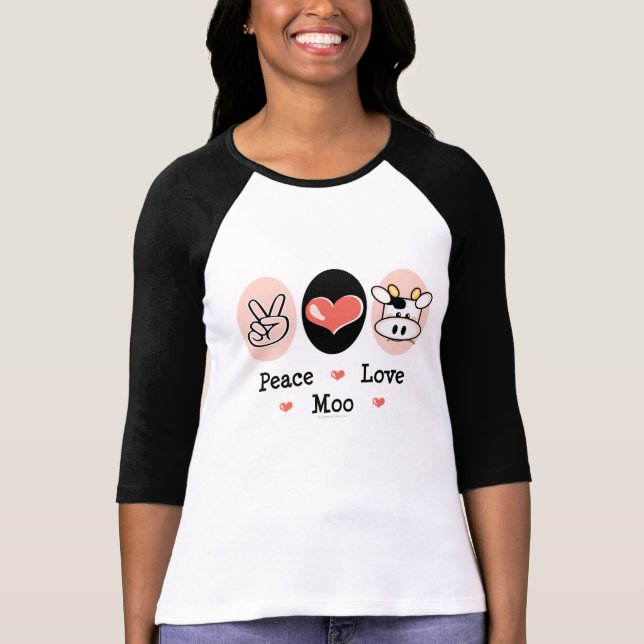 Camiseta T do Raglan da vaca do MOO do amor da paz (Frente)