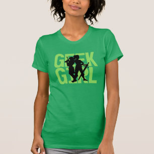 Camiseta T do verde da menina do geek