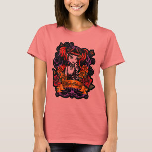 Camiseta T escuro Tattooed rosa da campainha do preto da