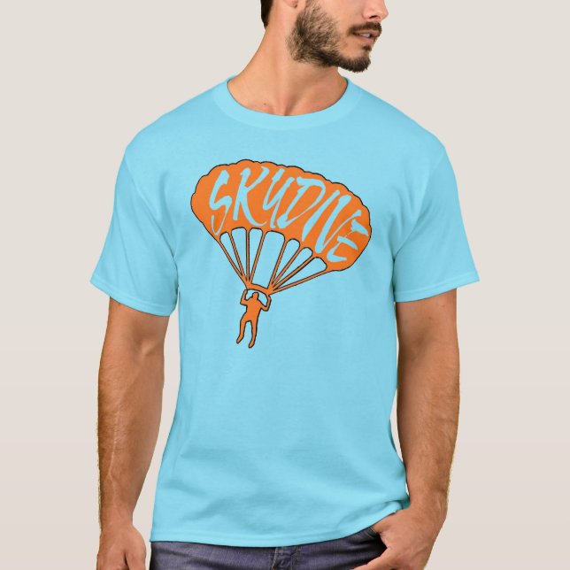 Camiseta T fanático skydive azul alaranjado das caras (Frente)