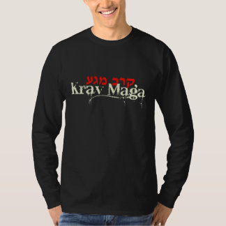 Camiseta T longo preto da Capa de Krav Maga - hebraico