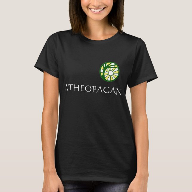 Camiseta T preto do "Atheopagan" das mulheres com símbolo (Frente)