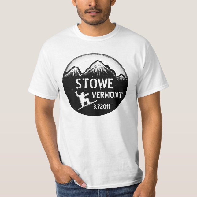 Camiseta T preto do valor da arte do snowboard de Stowe (Frente)