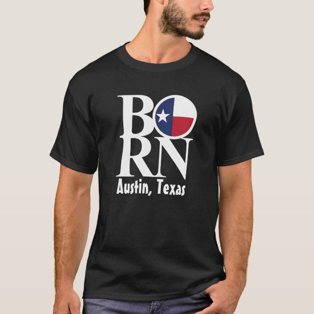 Camiseta T preto dos homens NASCIDOS de Austin Texas (Frente)