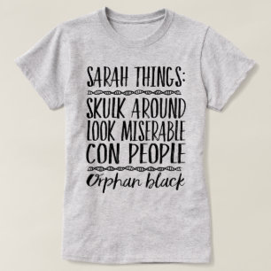 Camiseta T preto órfão do gráfico das coisas de Sarah