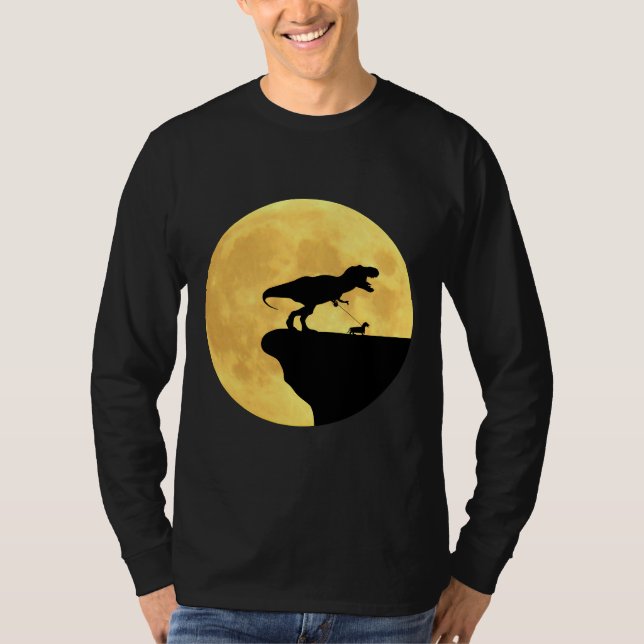 Camiseta T Rex Caminhando Um Dachshund Em Frente À Lua Amar (Frente)
