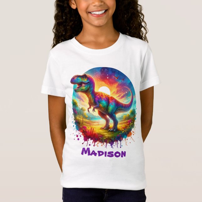 Camiseta T-Rex colorido e divertido personalizável (Frente)