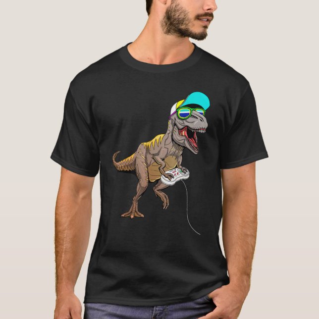 Camiseta T Rex Dinos Gamer Dinossauros Jogando Vídeo Gamer  (Frente)