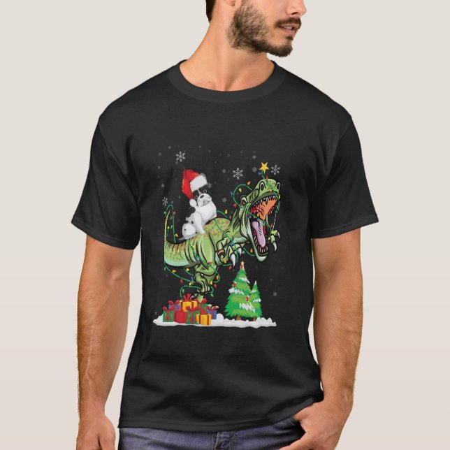 Camiseta T Rex Dinosaur Andando Pug Natal Papai Noel Longo (Frente)