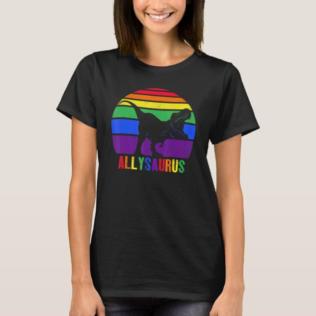 Camiseta T Rex Dinosaur Lgbt Orgulho gay Flag Allysaurus Al (Frente)
