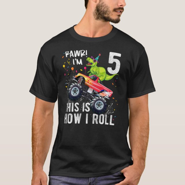 Camiseta T Rex Dinosaur Monster Truck 5th Birthday Boys and (Frente)