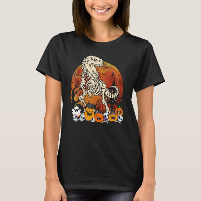 Camiseta T Rex Dinosaur Skeleton Pumpkins Ghost Halloween C (Frente)