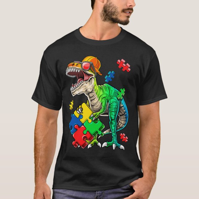 Camiseta T Rex Dinossaur Autismo Atenção Quebra-cabeça Piec (Frente)