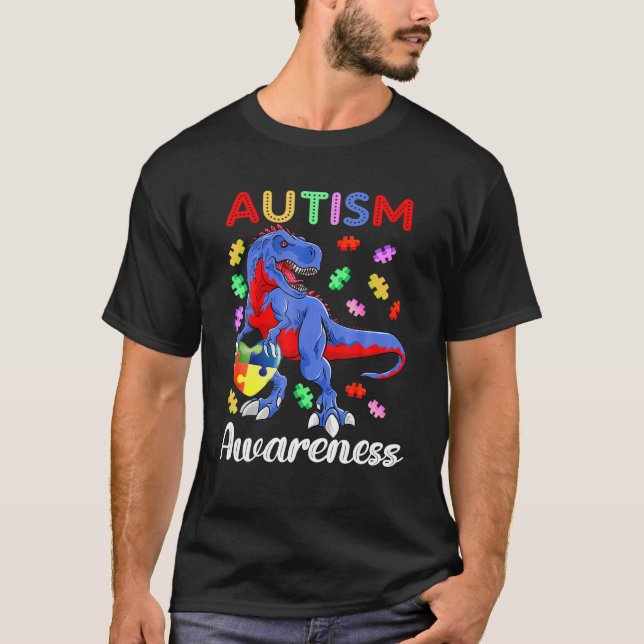 Camiseta T Rex Dinossaur Autismo Quebra-cabeça de Consciênc (Frente)