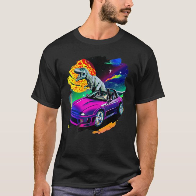 Camiseta T Rex Dinossaur Dirigindo Carro Esportivo No Tiran (Frente)