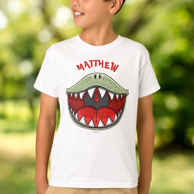 Camiseta T-rex Dinossaur Green Mouth Kids Personalizados (Personalized T-rex Dinosaur Green Mouth Kids Name T-Shirt)
