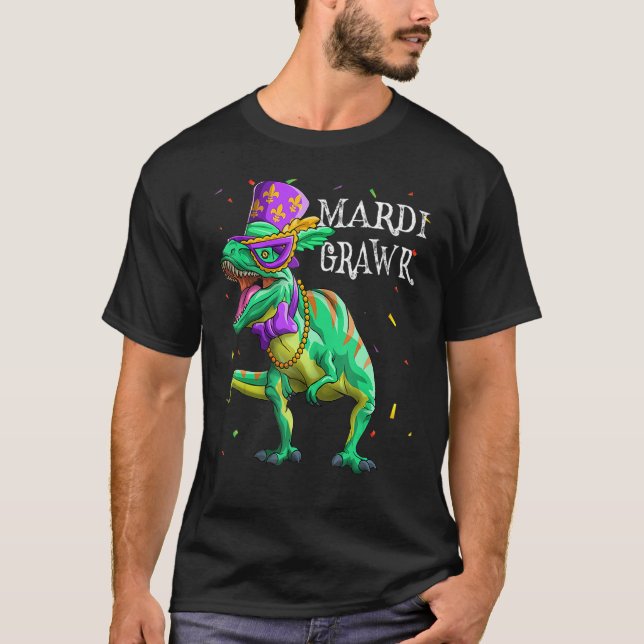 Camiseta T Rex Dinossaur Mardi Gras Rawr Mask Jester Hat Be (Frente)