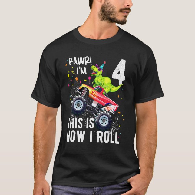 Camiseta T Rex Dinossaur Monster Truck 4º Aniversário Boys  (Frente)