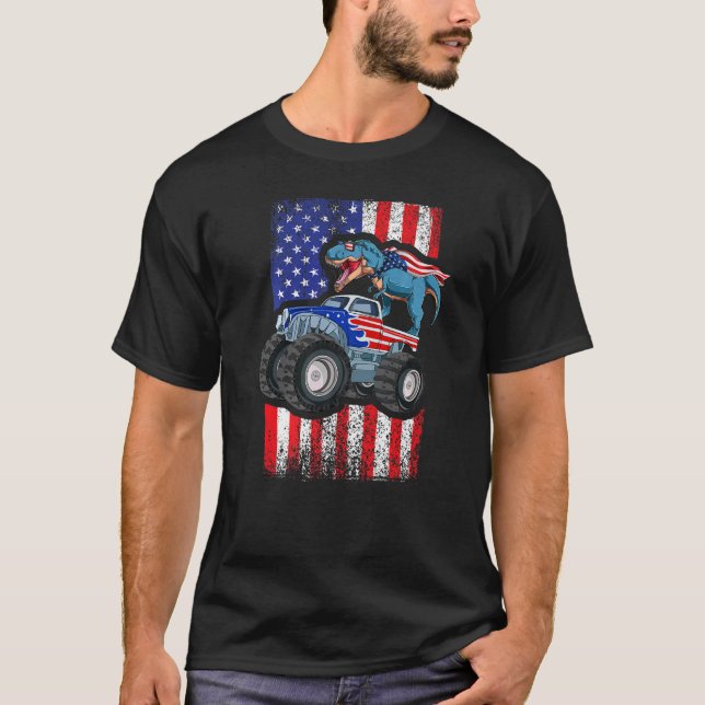 Camiseta T Rex Dinossaur Monster Truck Patriótico Americano (Frente)