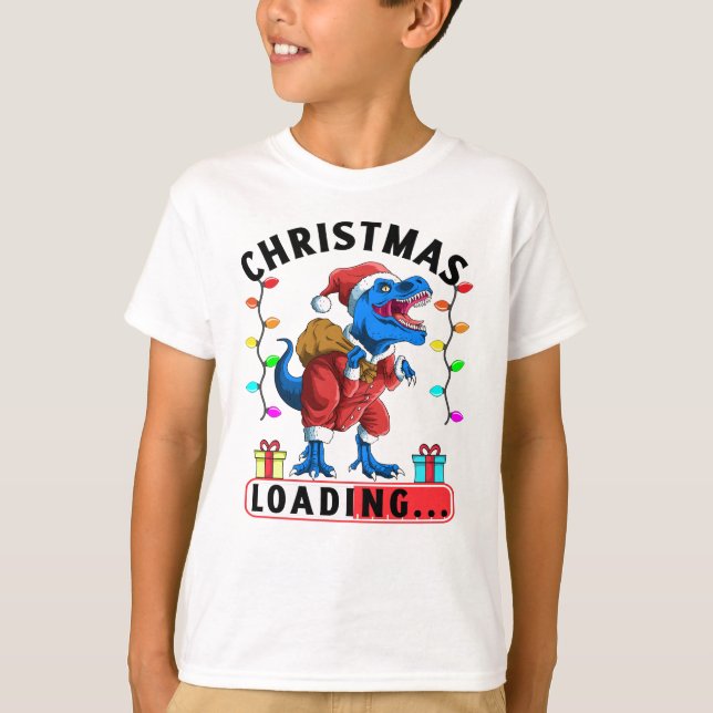 Camiseta T Rex Dinossauro Azul Natal Carregando (Frente)