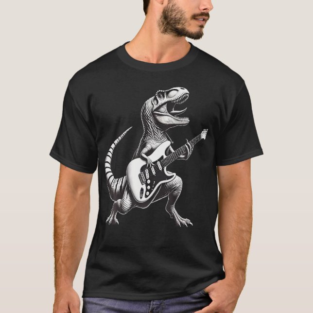Camiseta T Rex Dinossauro de Rock Tocando Violão (Frente)