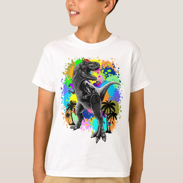 Camiseta T-Rex Dinossauro Jurássico Réptil em Tintas (Frente)