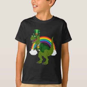 Camiseta T-rex Dinossauro Leprechaun Arco-íris Dia de São P