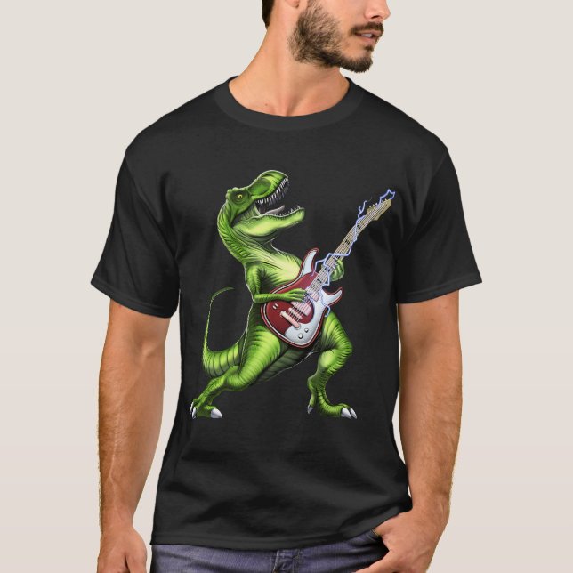 Camiseta T-Rex Dinossauro Tocando Guitarra (Frente)