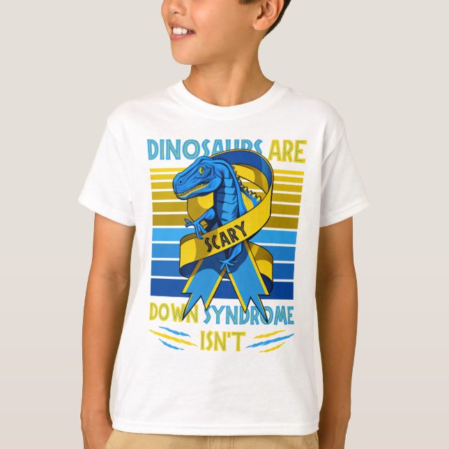 Camiseta T-Rex Down Syndrome Awareness Yellow Blue Ribbon (Frente)