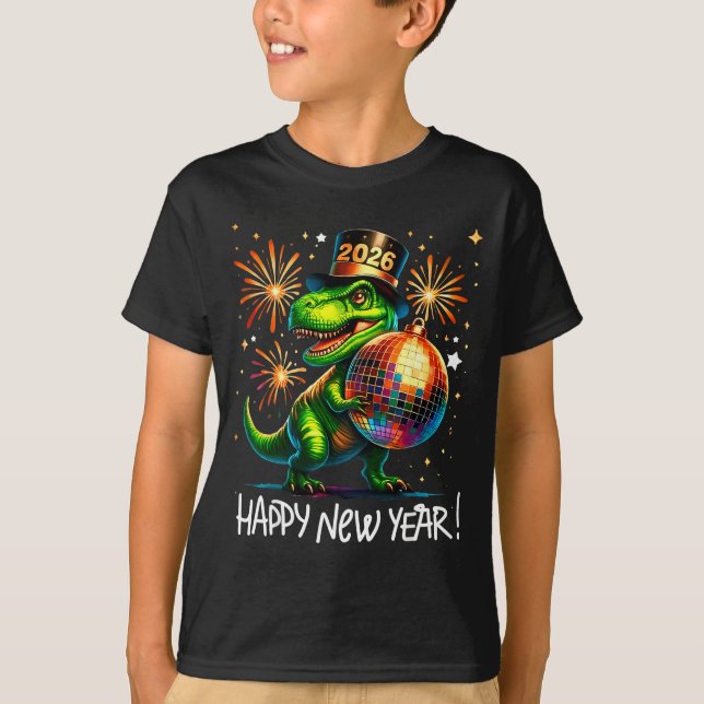 Camiseta T Rex Happy New Year 2026 Disco Ball Fireworks Tee (Frente)