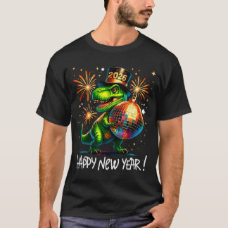 Camiseta T Rex Happy New Year 2026 Disco Ball Fireworks Tee