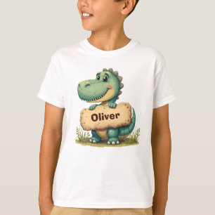 Camiseta T-Rex Jovial com Placa de Nome de Pedra