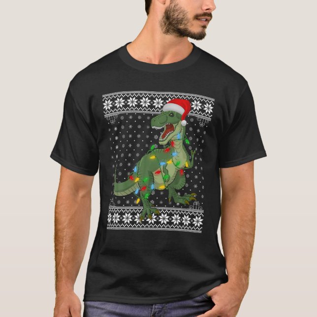 Camiseta T Rex Luz Xmas Papais noeis De Sweater Feios T Rex (Frente)