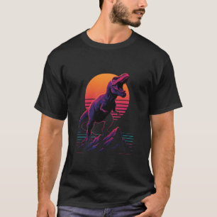 Camiseta T-Rex Neon Retro Rugindo ao Pôr do Sol