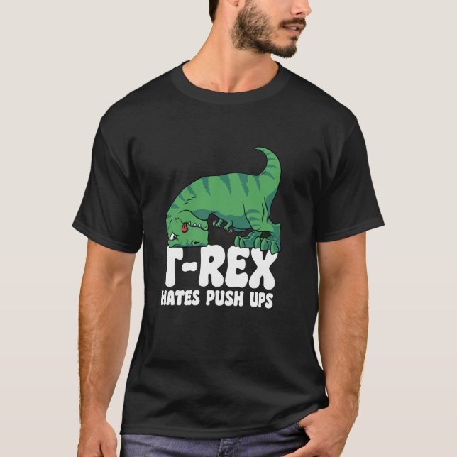 Camiseta T Rex Odeia Empurrar Uvas Armas Curtas de Gym Dino (Frente)