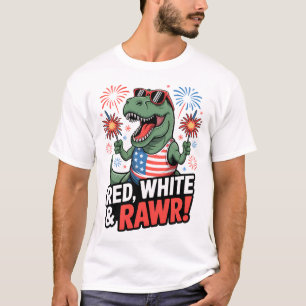 Camiseta T-Rex Patriótico Fofo 4 de Julho Vermelho Branco e