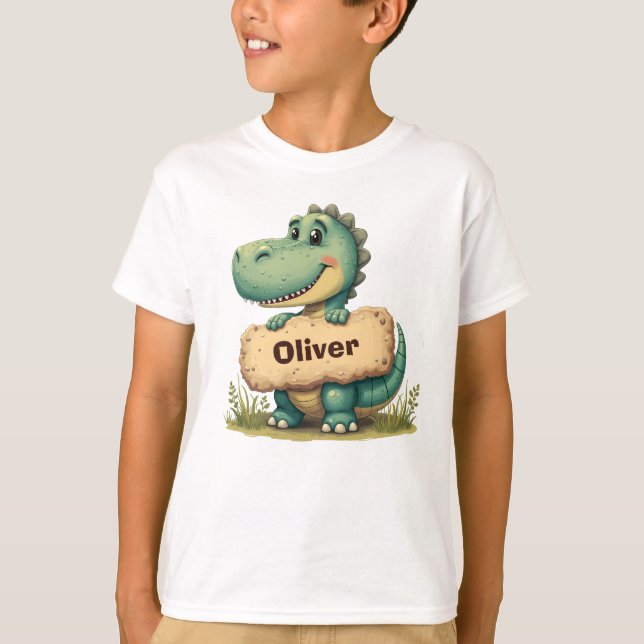 Camiseta T-Rex Reprodutivo com Sinal de Nome de Pedra (Frente)