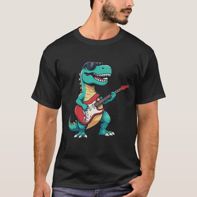 Camiseta T-Rex Rock and Roll | Dinossauro de Desen (Frente)