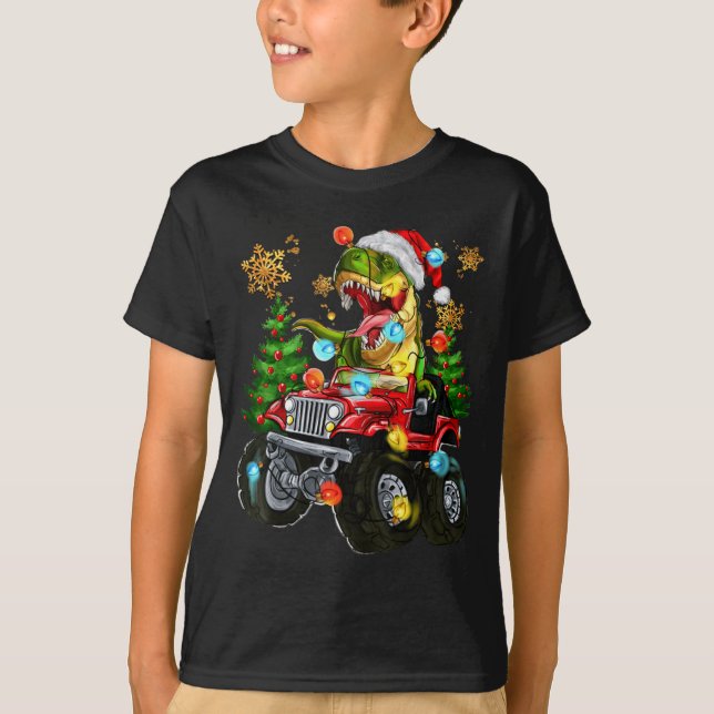 Camiseta T-rex Santa In Monster Truck With Christmas Trees  (Frente)