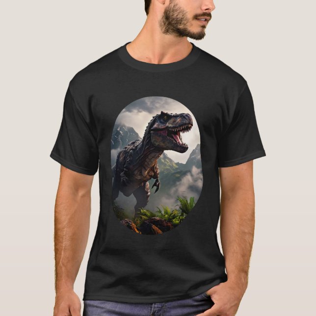 Camiseta T-Rex standing before a rugged mountain range (Frente)